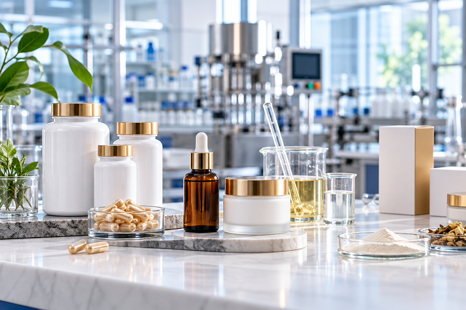 Health supplements and skincare products being developed in a modern manufacturing laboratory
